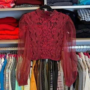 Peach maroon lace long mesh sleeve mock neck back zipper closure blouse S NWT